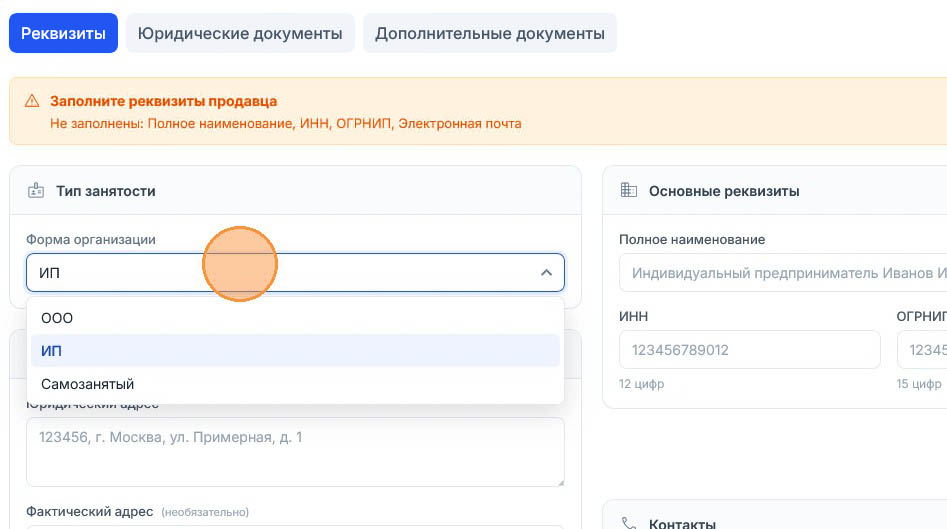 Предупреждение о незаполненных реквизитах и раскрытый список формы организации: ООО, ИП, Самозанятый