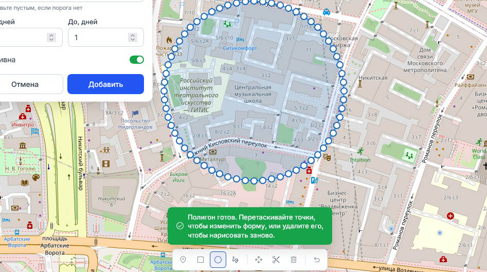 Кольцо из синих точек охватывает квартал от ГИТИСа до Московской биржи, инструмент круга обведён рамкой