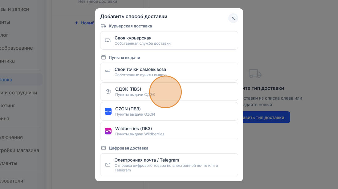 Из списка курьерских, цифровых и пунктов выдачи подсвечен вариант «СДЭК (ПВЗ)»